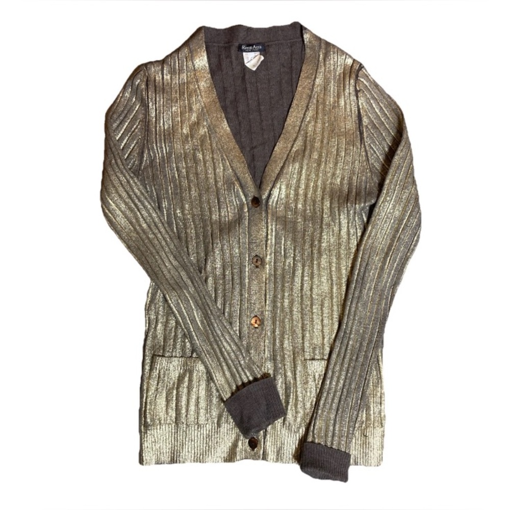 Reem Acra Gold Wool Cardigan Sweater Women’s Size Medium Button Down New York